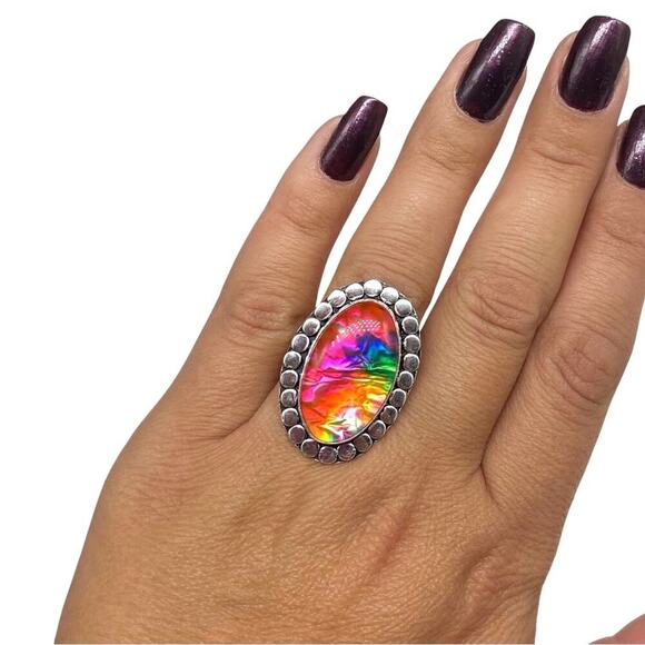 Dichroic Glass Ring Size 8 925 Sterling Silver Overlay Vibrant Colorful - Picture 2 of 6